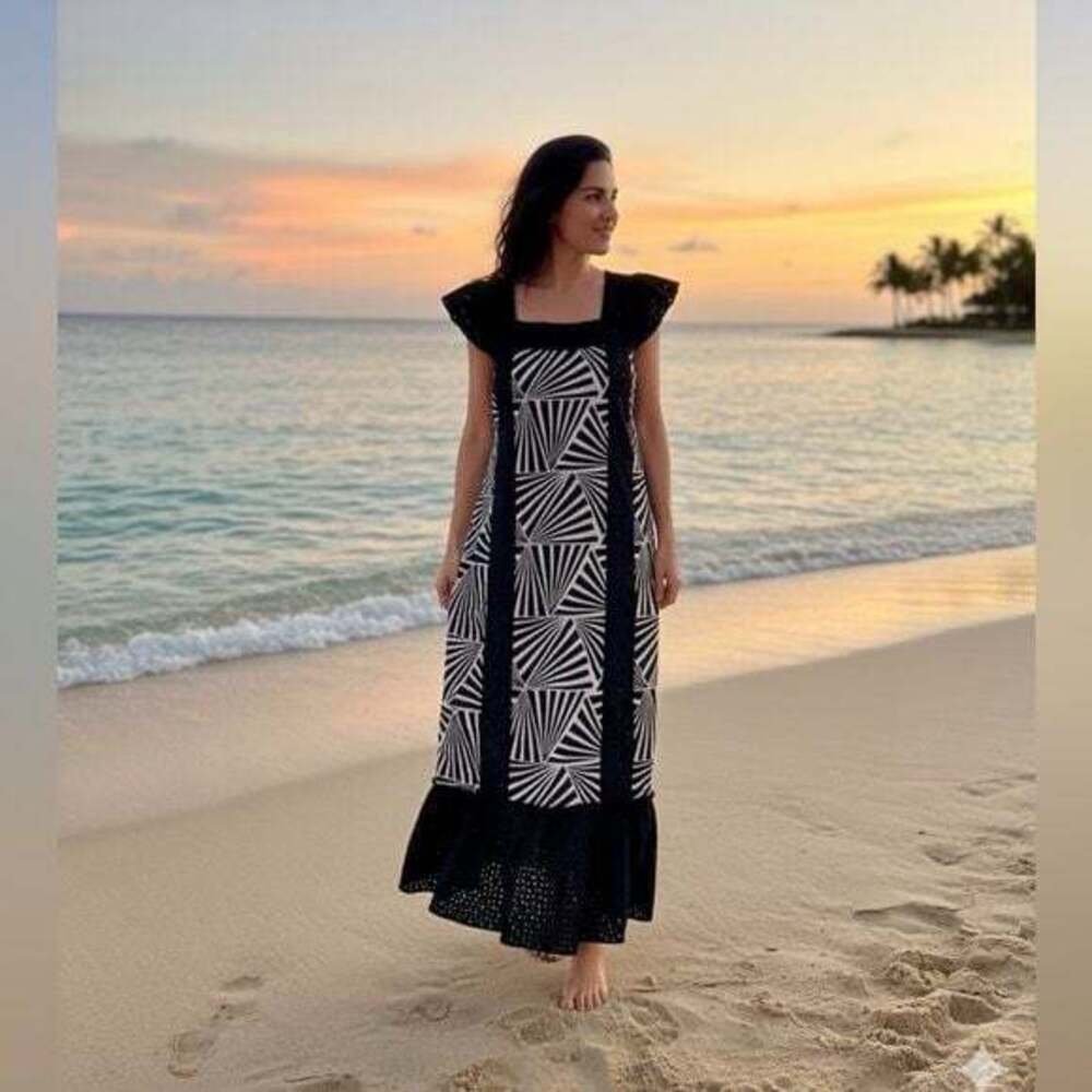 MAISIE Embroidered Chic Black and White Geometric Maxi Dress Sz XS